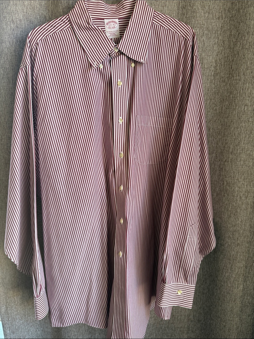 Brooks Brothers Men’s Maroon and White Striped Button-Down Shirt